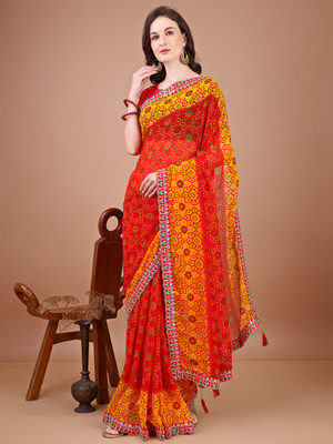 Divastri Printed Bandhani Georgette Saree(Red)
