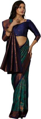 Pranjal Printed, Woven Bandhani Silk Blend Saree(Dark Green)