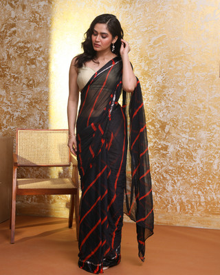 Indethnic Printed Leheria Polyester Saree(Black)