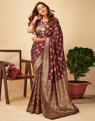 Samah Woven, Embellished Banarasi Silk Blend, Jacquard Saree(Maroon)
