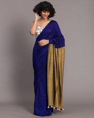 GOLU Solid/Plain Handloom Cotton Blend Saree(Blue)