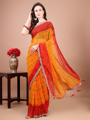 Tasrika Printed Bandhani Georgette Saree(Yellow)