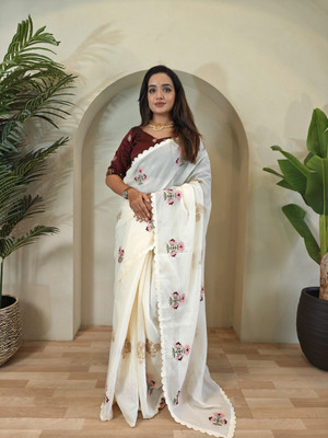 PANZORA Woven, Embroidered Bollywood Silk Blend Saree(White)