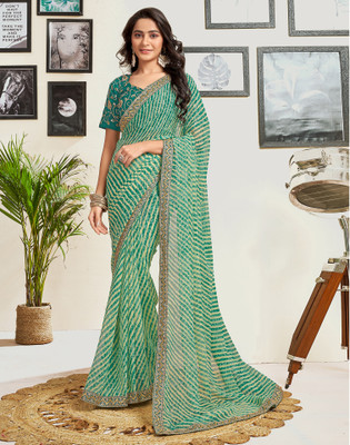 Satrani Printed, Embellished Leheria Georgette Saree(Multicolor)