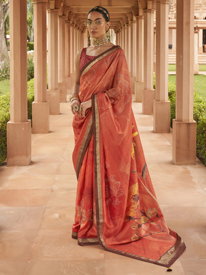 Sareemall Digital Print Banarasi Silk Blend Saree(Orange)