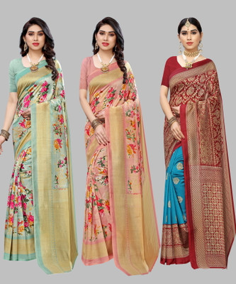 ANIRAV Woven Bollywood Art Silk Saree(Pack of 3, Light Green)