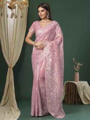 Sareemall Embroidered Bollywood Organza Saree(Pink)