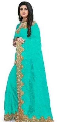 FINERFLY Embroidered Bollywood Net Saree(Light Green)