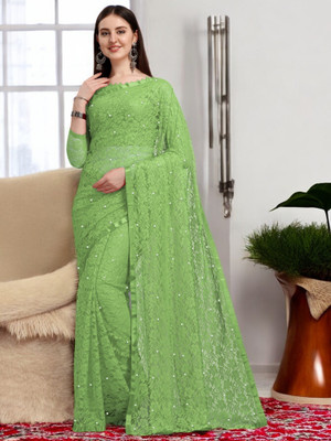 NEXAA Embellished Bollywood Net Saree(Green)