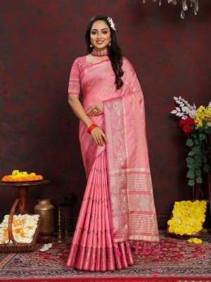 Bansari Textiles Printed Banarasi Cotton Silk, Jacquard Saree(Pink)