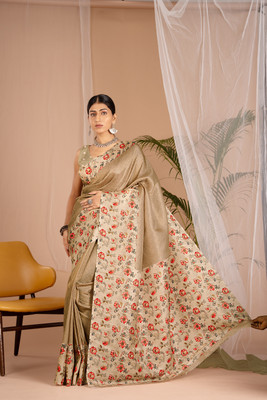 WISHLIST Digital Print Banarasi Silk Blend Saree(Yellow)
