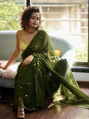 LushLooms Embroidered Handloom Cotton Blend Saree(Dark Green)