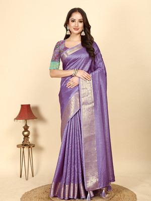 J6 Designers Checkered Assam Silk Art Silk Saree(Purple)