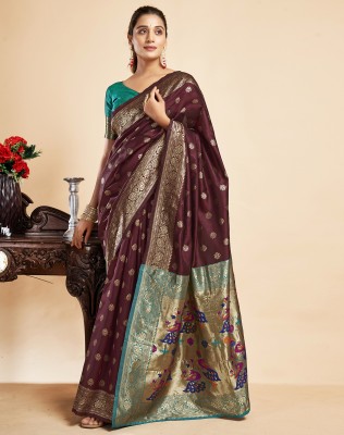 SIRIL Self Design, Woven Paithani Silk Blend Saree(Brown, Dark Blue)