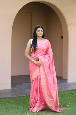 Bansari Textiles Woven Banarasi Silk Blend Saree(Pink)