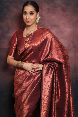 Peachmode Woven Banarasi Silk Blend Saree(Maroon)