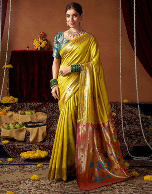 Samah Woven, Embellished Paithani Pure Silk Saree(Yellow)