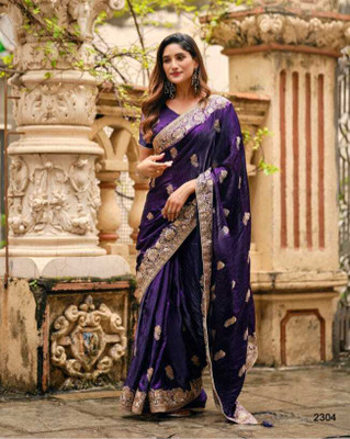 Urvashicreation Embroidered, Floral Print, Self Design, Woven Bollywood Pure Silk Saree(Purple)