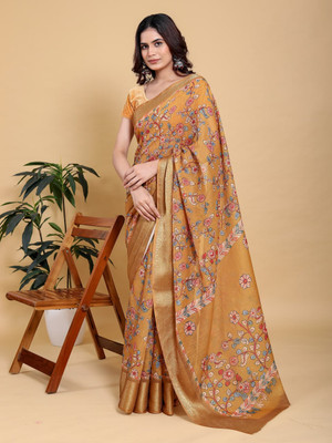 MANASTEXTILS Floral Print Bollywood Cotton Linen Saree(Yellow, Mustard)