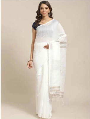 indrikacreation Embellished, Woven Handloom Cotton Blend Saree(White)