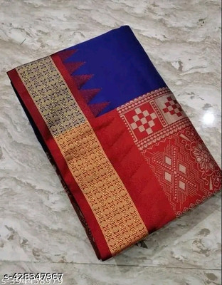 shree ambaji saree Solid/Plain, Temple Border Sambalpuri Silk Blend Saree(Blue)