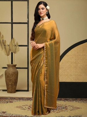 Vraggi Embellished, Embroidered, Solid/Plain Bollywood Chiffon, Pure Silk Saree(Gold)