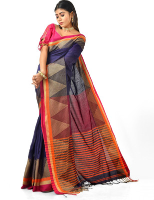 Mystory Woven Handloom Handloom Cotton Blend Saree(Dark Blue)