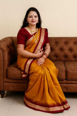 Sijileen Solid/Plain, Temple Border, Woven Sambalpuri Silk Blend Saree(Mustard)