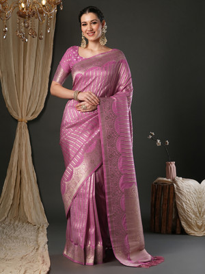 ANOUK Striped Kanjivaram Viscose Rayon Saree(Pink)