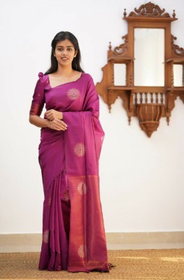 Bansari Textiles Embellished, Applique, Self Design, Woven Kanjivaram Cotton Silk, Jacquard Saree(Purple)