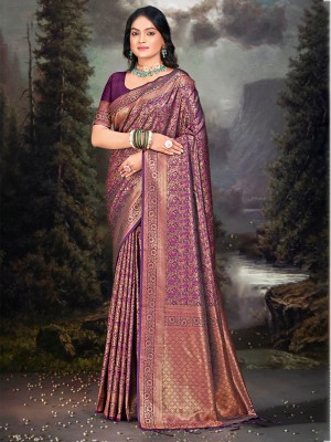 BUNAWAT Woven Handloom Silk Blend Saree(Purple)