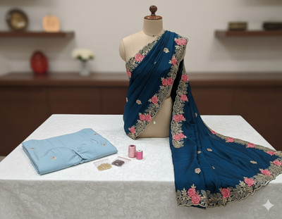 shrijamyaham Embroidered Bhagalpuri Chiffon Saree(Dark Green)