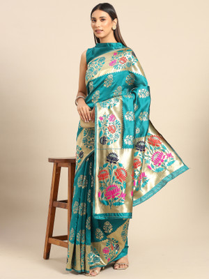 Sareemall Woven Banarasi Silk Blend Saree(Light Blue)
