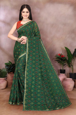 HouseOfCommon Printed Bandhani Georgette Saree(Green)