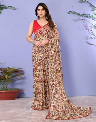 Samah Geometric Print, Printed, Embellished Daily Wear Chiffon Saree(Beige, Multicolor)