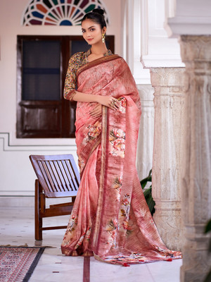 Stylum Digital Print, Embellished Daily Wear Linen Saree(Orange)