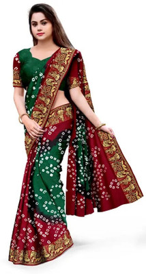 rajranitextiles Printed Bandhani Georgette Saree(Green, Red)