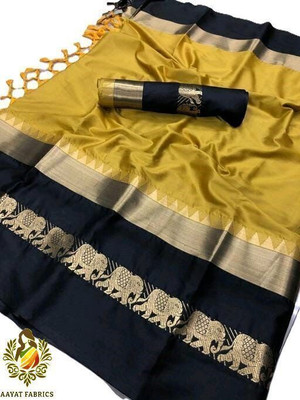 AAYATFABRICS Woven Banarasi Cotton Silk Saree(Yellow, Black)