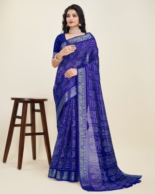 Sanwariya Silks Geometric Print Chanderi Cotton Silk Saree(Dark Blue)