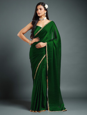 LOROFY Solid/Plain Bollywood Silk Blend, Organza Saree(Green)