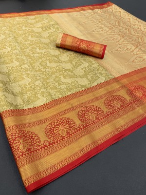 SIYADECOR Woven Dharmavaram Pure Silk, Cotton Silk Saree(Beige, Red)