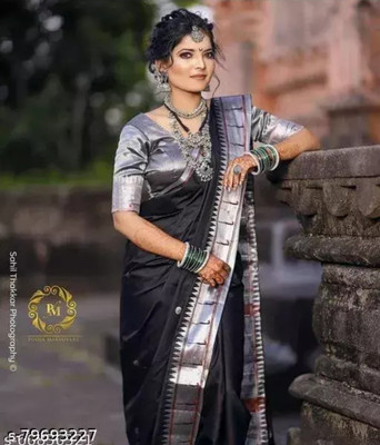 Paithni Woven Paithani Jacquard, Pure Silk Saree(Black)