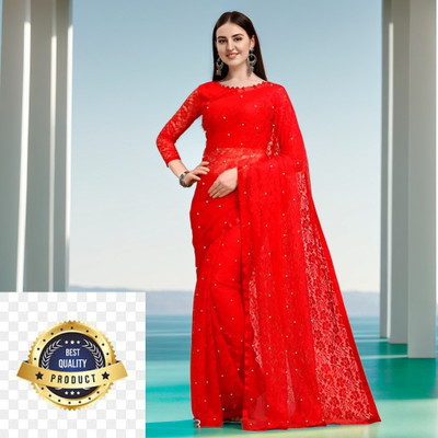 Vraggi Embellished Bollywood Net Saree(Pack of 2, Red)