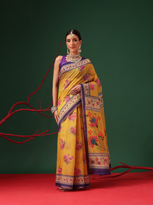 SILK ZONE Digital Print Chanderi Cotton Blend Saree(Mustard)