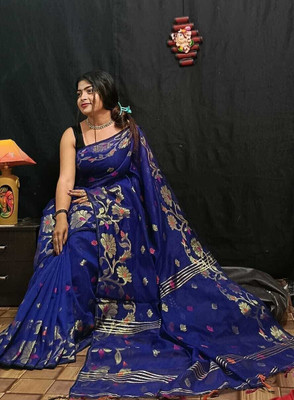 HouseOfCommon Floral Print Jamdani Cotton Silk Saree(Dark Blue)