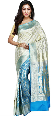 Dulhan Collection Woven Banarasi Jacquard Saree(Light Blue, White)