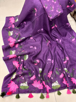 ROFOLO Digital Print, Printed Bollywood Cotton Linen Saree(Purple)
