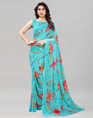 Samah Floral Print, Printed Daily Wear Georgette Saree(Light Blue, Multicolor)