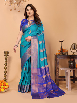 Bieth Woven Banarasi Silk Blend, Nylon Saree(Light Blue, Blue)