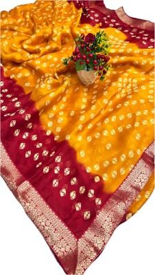 Stylish Sarees Printed Bandhani Crepe, Art Silk Saree(Red, Yellow)